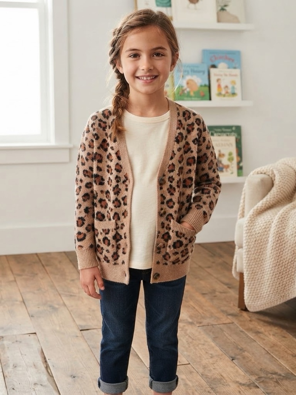 ⁠J.Crew Crewcuts Girls Leopard Print Cardigan Sweater Size M 8- 9 Brown Black